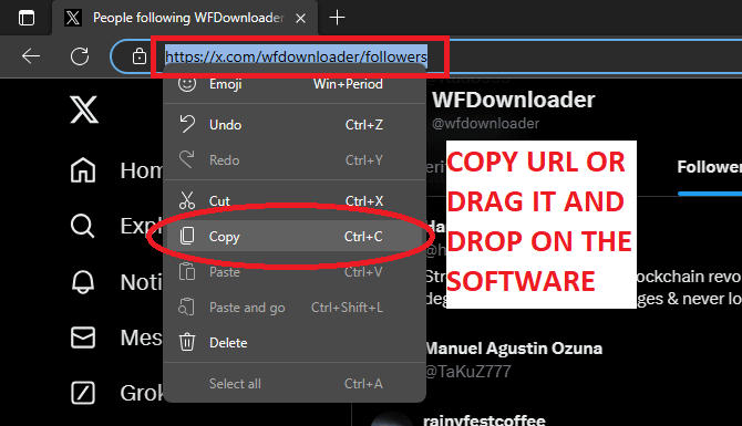 Copy URL of X/Twitter follower page to export