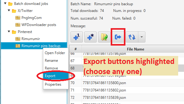 Export buttons highlighted