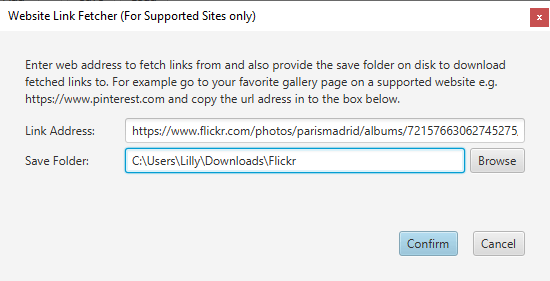 Flickr URL and save folder entered