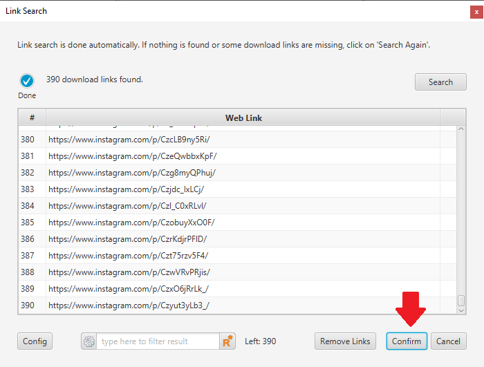 Instagram link search for backup/export completed