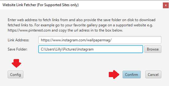 Instagram url and save folder entered