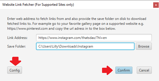 Instagram url and save folder entered