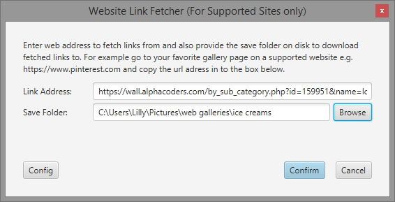 Enter link address and folder location to save your alphacoders gallery to