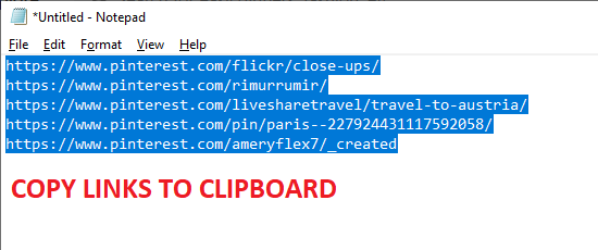List of pintest page URLs copied to clipboard