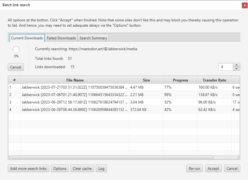 Mastodon batch link search and download in action