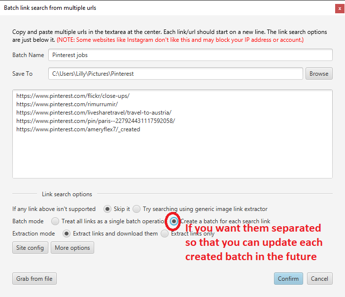 Batch link search settings for Pinterest
