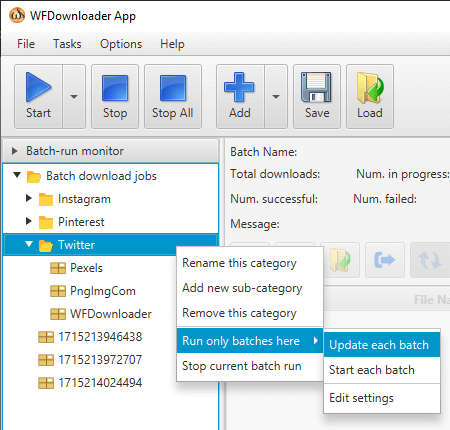 Updating only batches under a category in WFDownloader App