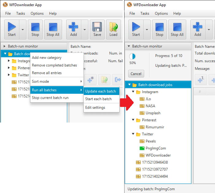 Running or update all batches in WFDownloader App