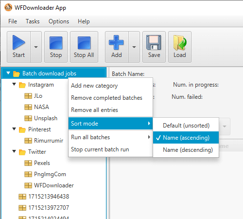 Sorting of batches by name in WFDownloader App