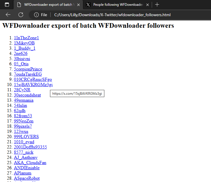 Html mode - exports a page of follower links